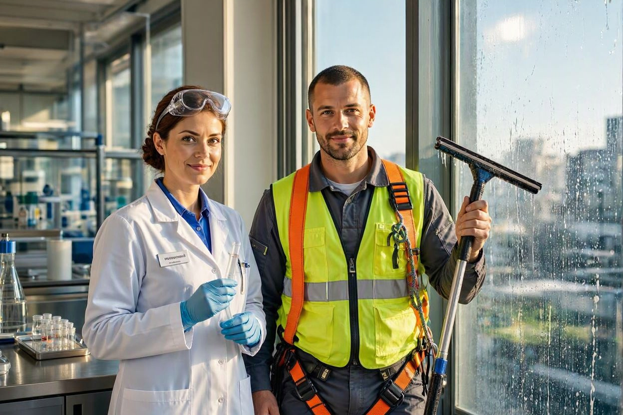 Foto Mikrobiologin und Fensterputzer